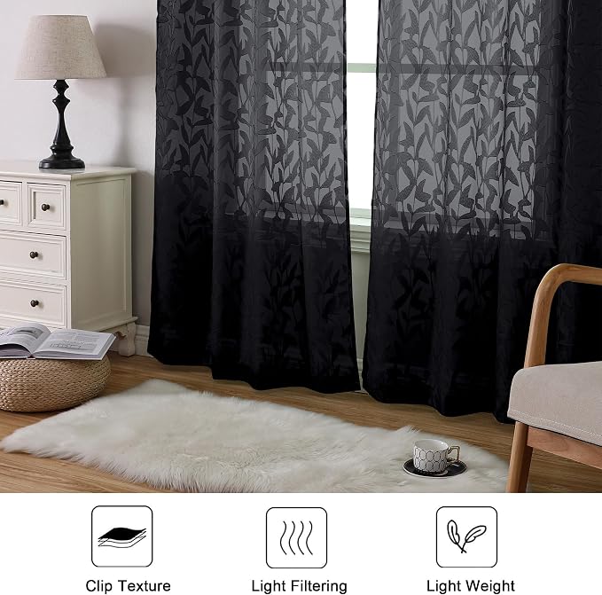 Lecloud Leia Clip Textured Leaf Black Sheer Curtains 63 Inch Length 2 Panels - Image 9