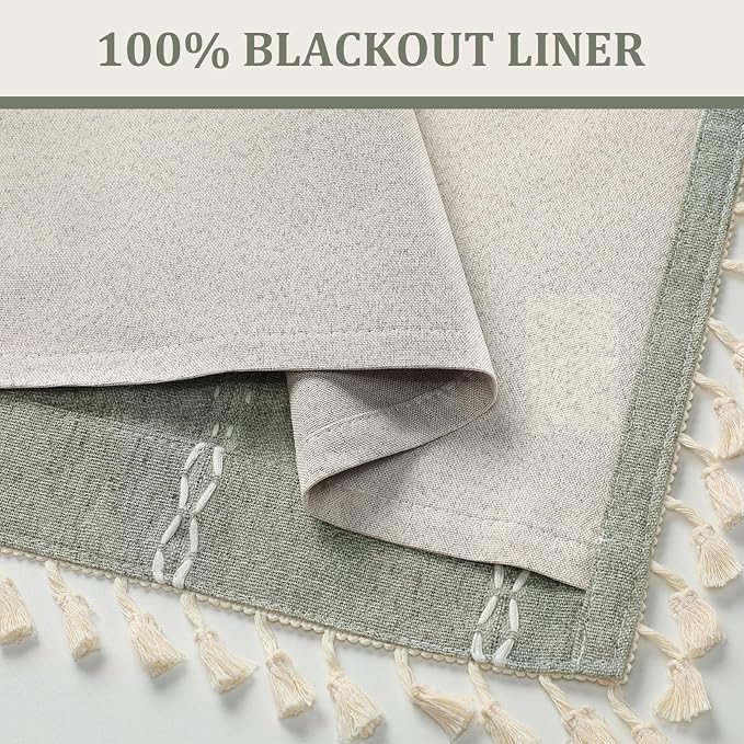 Boho Blackout Curtains 72 Inches Long Sage Green Linen Blend 2 Panels - Image 3