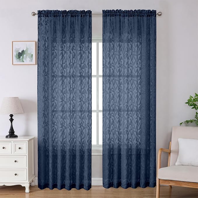Lecloud Leia Navy Blue Sheer Curtains 96 Inches Long 2 Panels, Airy Leaf by Lecloud