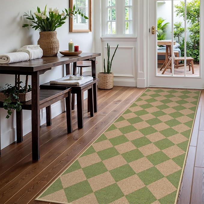 Lahome Colette Checkered Green Runner Rug, 2x8 Carpet Runners - Image 2