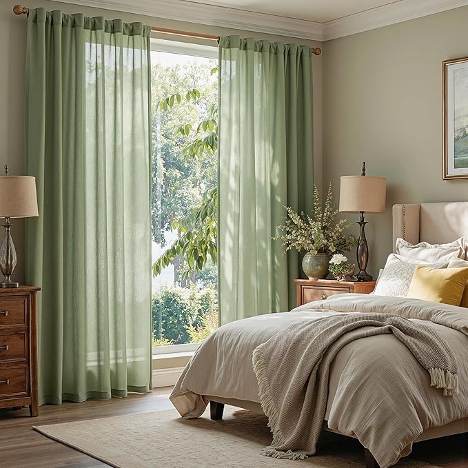 MYSKY HOME Sage Green Sheer Curtains 63 inch Length Semi Sheer Curtains - Image 2