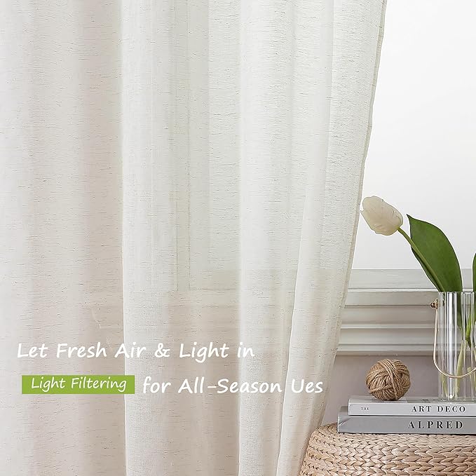 Simplebrand Natural Linen Textured Sheer Curtains 63 Inch Length 2 Panels - Image 2