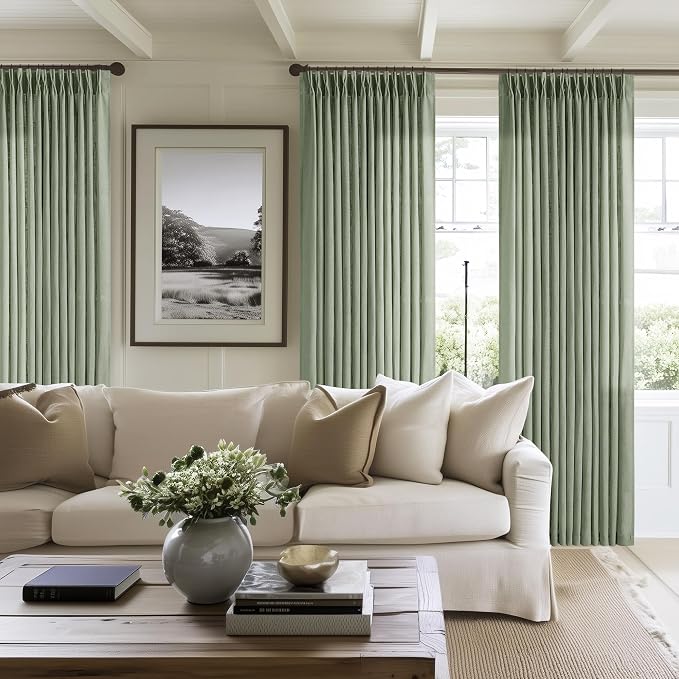 Sage Green Linen Curtains Pinch Pleated 84 Inches Long 2 Panels Set 40x84 | - Image 8