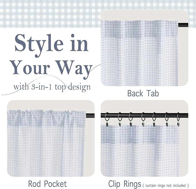 RYB HOME Checkered Cafe Curtains 24 inch Length, Linen Gingham Small Window - Image 2