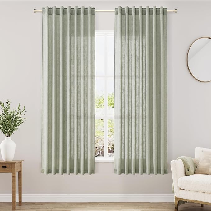 Nanspring Sage Green Linen Curtains 63 Inches Length 2 Panels Set by Nanspring