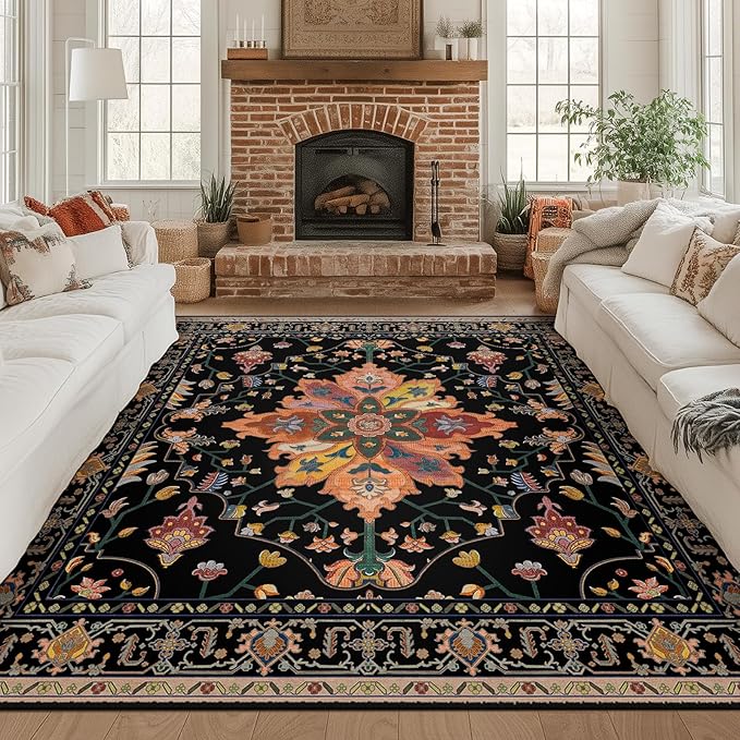 RELEANY Area Rugs Square 8ft Washable Non-Slip, Floral Vintage Distress Print by RELEANY