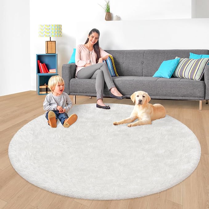 6x6 ft Tie Dye White Round Rug for Bedroom Room Fluffy Circle Rug Furry Carpet - Image 5