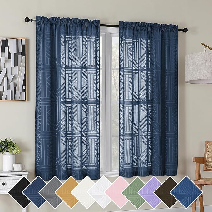 Simplebrand Navy Blue Semi Sheer Curtains 45 Inch Length 2 Panels, Geometric by Simplebrand