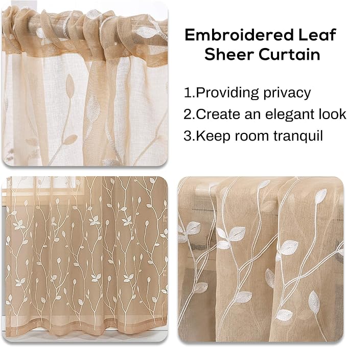 AmHoo 2 Panels Embroidered Leaf Pattern Semi Sheer Curtains Foliage Floral - Image 4