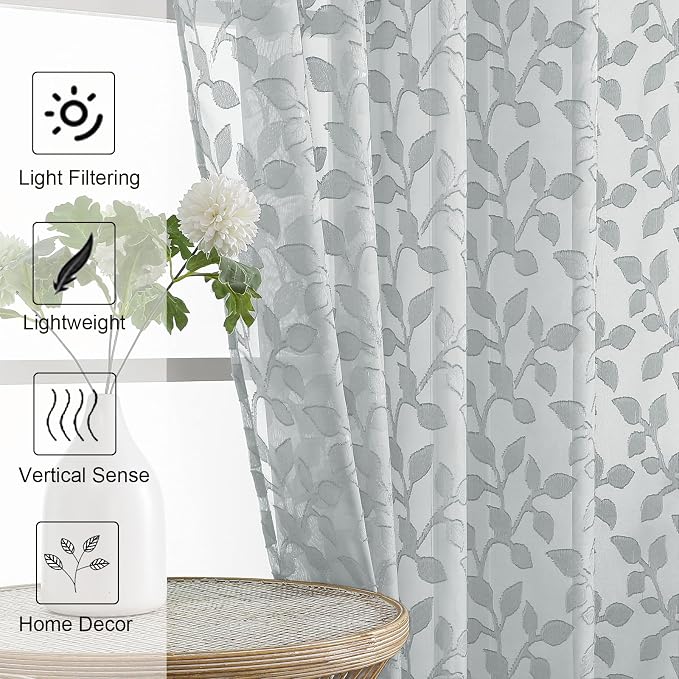 Chyhomenyc Light Grey Sheer Curtains 30 Inch Length, Light Filtering Leaf - Image 6
