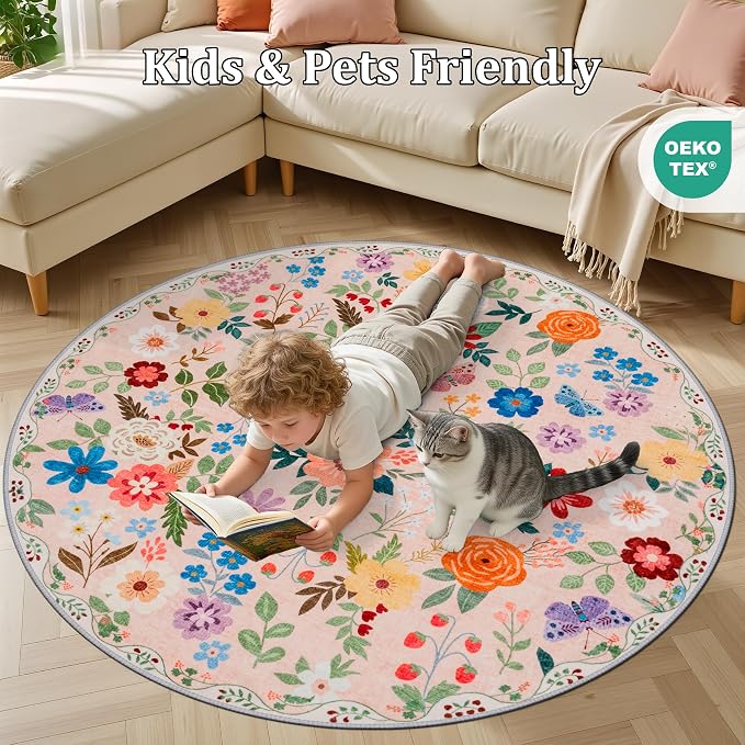 Round Area Rug for Living Room: 4 ft Floral Washable Circle Rug Soft Boho - Image 8
