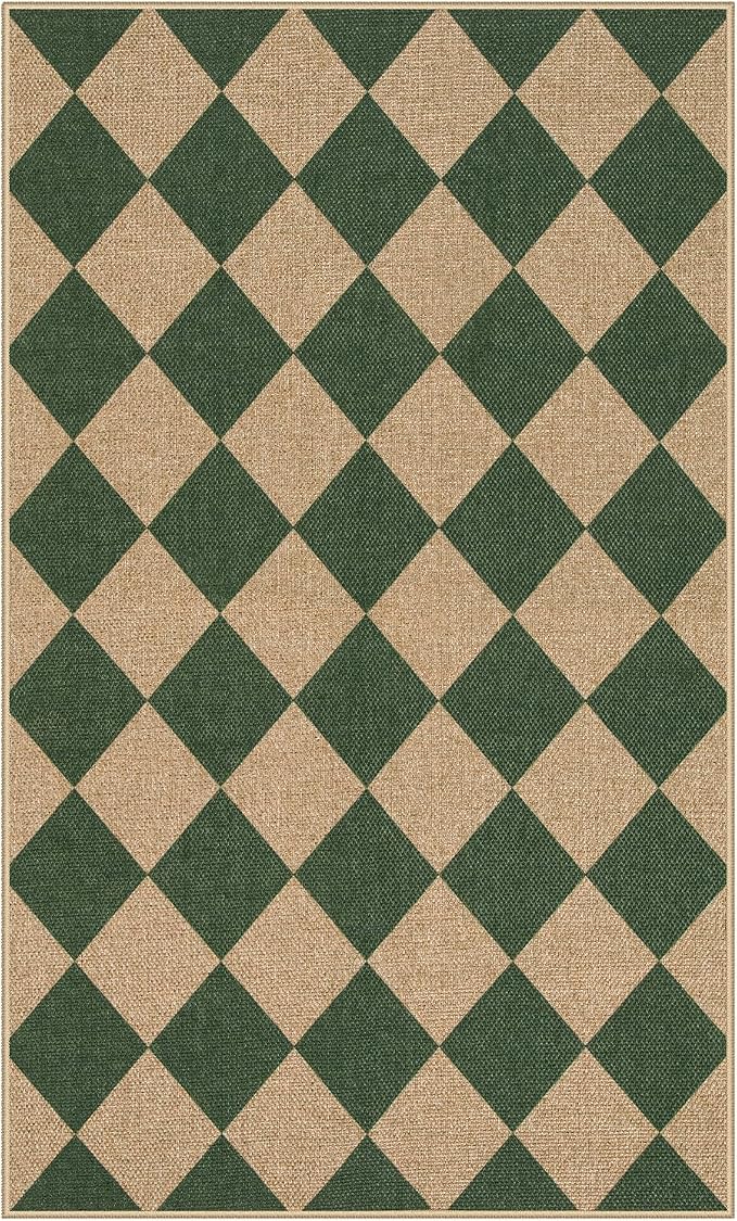 Lahome Colette Checkered Outdoor Patio Easy Jute Rug, 3x5 Dark Green Washable - Image 8