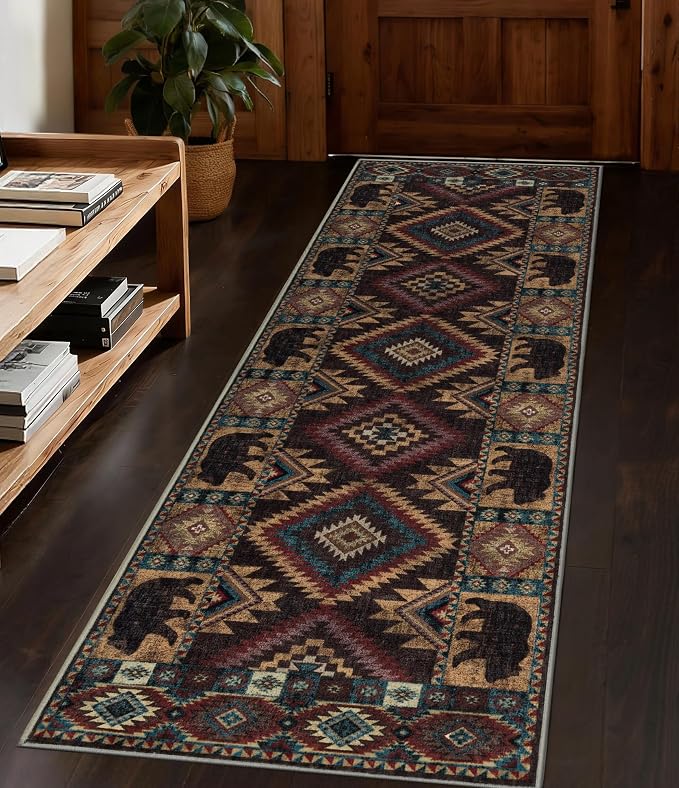 Hallway Runner Rug 2x6 Indoor Door Mat -Western Rug Bear Rustic Cabin Non-Slip by YIHOUSE