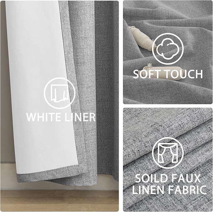 Yakamok Dove Grey Linen Curtains 100% Blackout 72 Inches Long, Room Darkening - Image 6