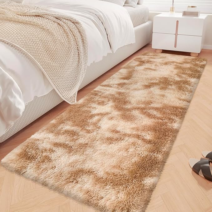 Super Soft Fluffy Living Room Area Rugs 2x6 ft Tie-Dyed Beige Shaggy Furry by JiaoBaba
