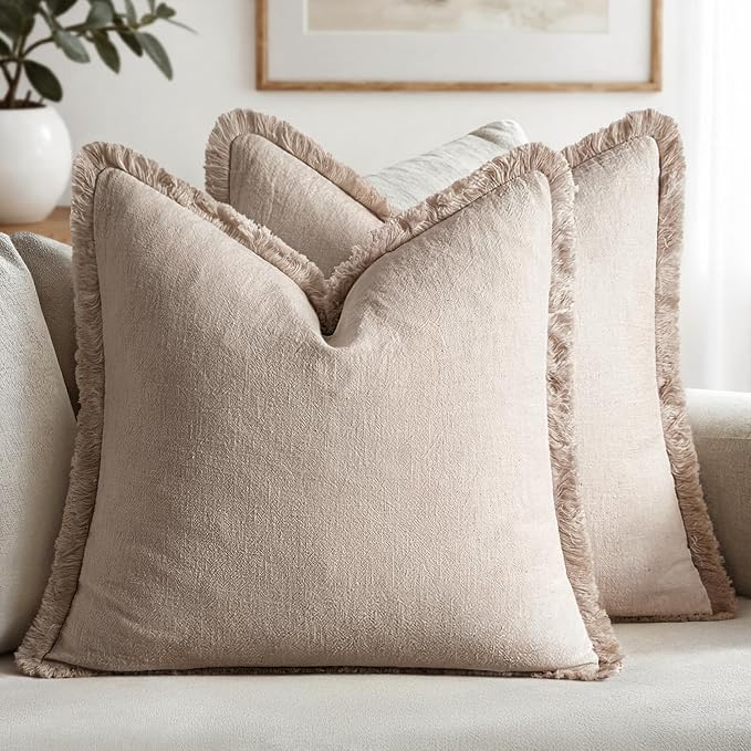 MIULEE Boho Natural Linen Fringe Decorative Throw Pillow Covers 20x20 | Set of 2 by MIULEE