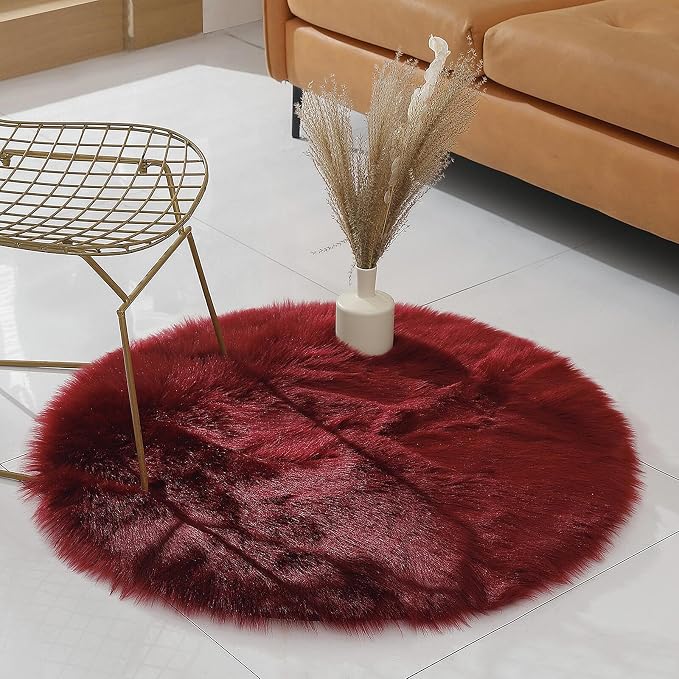 linmopm Faux Fur Rug Sheepskin Shag Fluffy Fuzzy Red 3x3 ft Rugs - Image 2