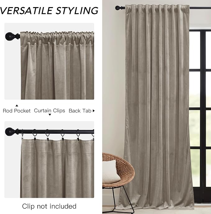 RYB HOME Taupe Velvet Curtains - Image 3