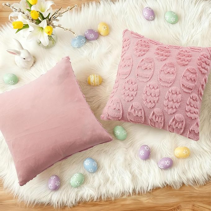 decorUhome Easter Pink Egg Pillow Covers 18x18 Inch Set of 2, Soft Plush Faux - Image 5
