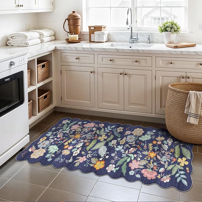 2x5 Washable Hallway Runner Rug: Stain Resistant Floral Scalloped Kitchen Rug - Image 2