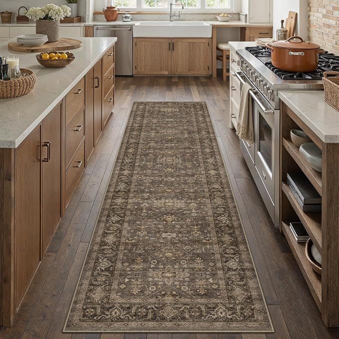 2'6x8 Washable Runner Rug for Hallway Kitchen Vintage Brown Non Slip Low Pile - Image 4