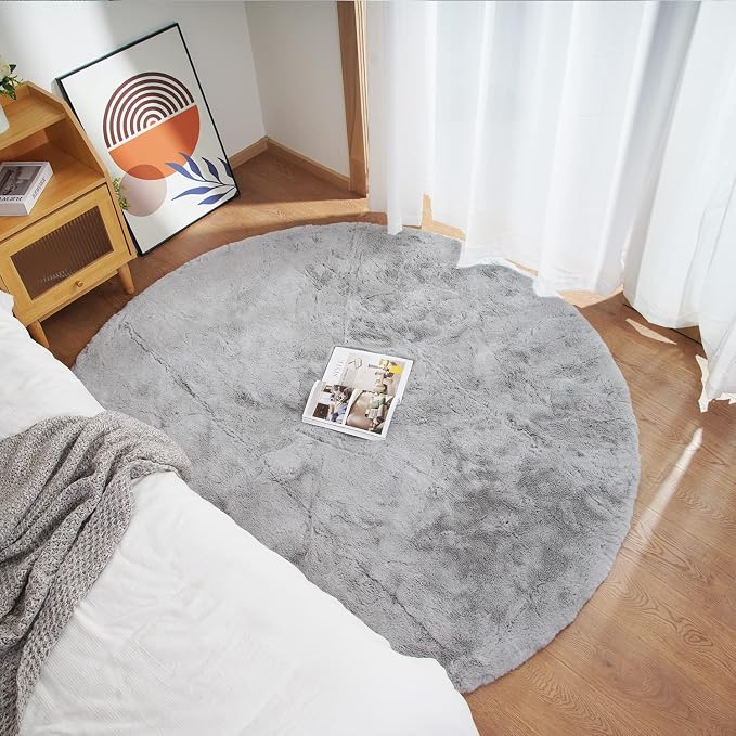 Ghouse Faux Rabbit Fur Round Rug 5ft Grey Round Rugs - Image 2