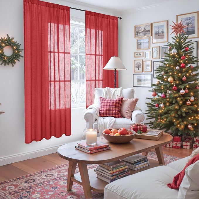 BGment Red Linen Curtains 72 Inches Long - Image 2
