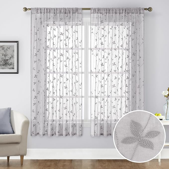 HOMEIDEAS Light Grey Sheer Curtains 52 X 63 Inches Length 2 Panels Embroidered - Image 9