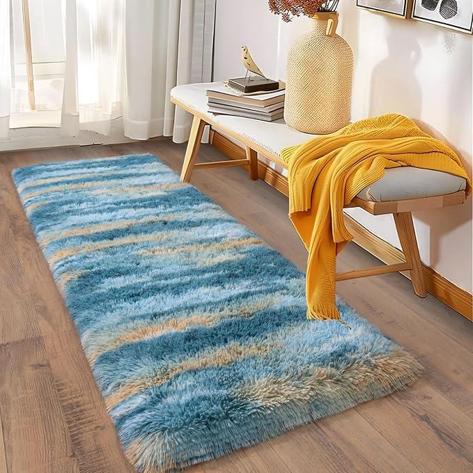 Soft Runner Rugs for Bedroom Hallways, 2x5 Abstract Blue Fluffy Shag Throw Area - Image 3