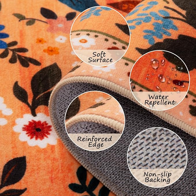 RELEANY Floral Washable 2x3 Area Rugs Doormat Yellow/Orange/Red | Flower Carpet - Image 3