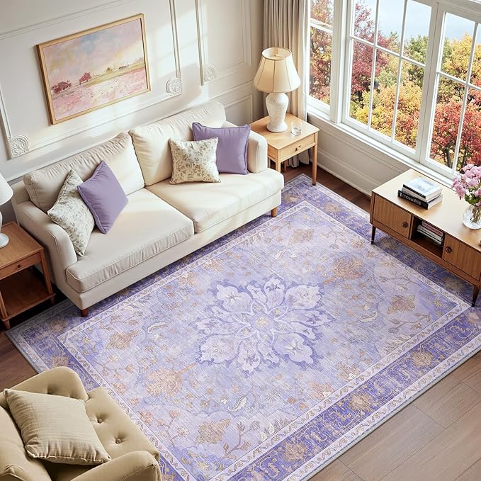 Area Rugs 6'x9' Washable Non-Slip, Floral Vintage Distress Print Pattern by RELEANY