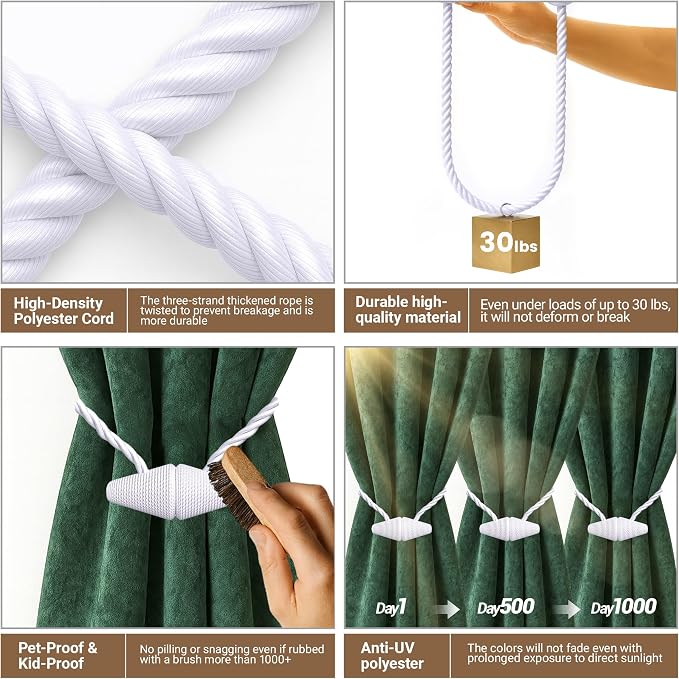 Hion Magnetic Curtain Tiebacks White 2pcs, Curtain Tiebacks Buckles Holdbacks - Image 4
