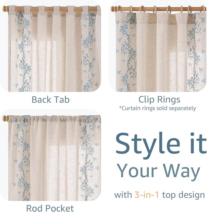 jinchan Evelyn Embroidered Linen Curtains 84 inch Long 2 Panels Blue Curtains - Image 8
