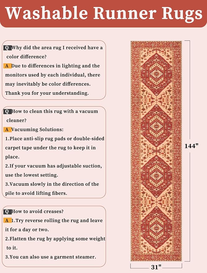 SERISSA Runner Rug for Hallways, Extra Long Boho Rug Ultra Soft Vintage Red - Image 6