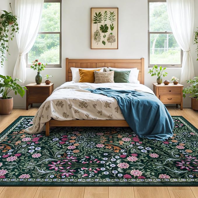 PLHXFR 8x10 Area Rug Living Room: Floral Washable Boho Carpet Dark Green | - Image 3