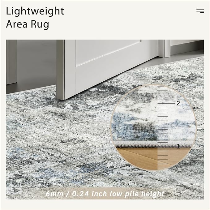 Abstract Rug 5x7 Machine Washable Area Indoor Grey Low Pile Non-Slip Foldable - Image 7