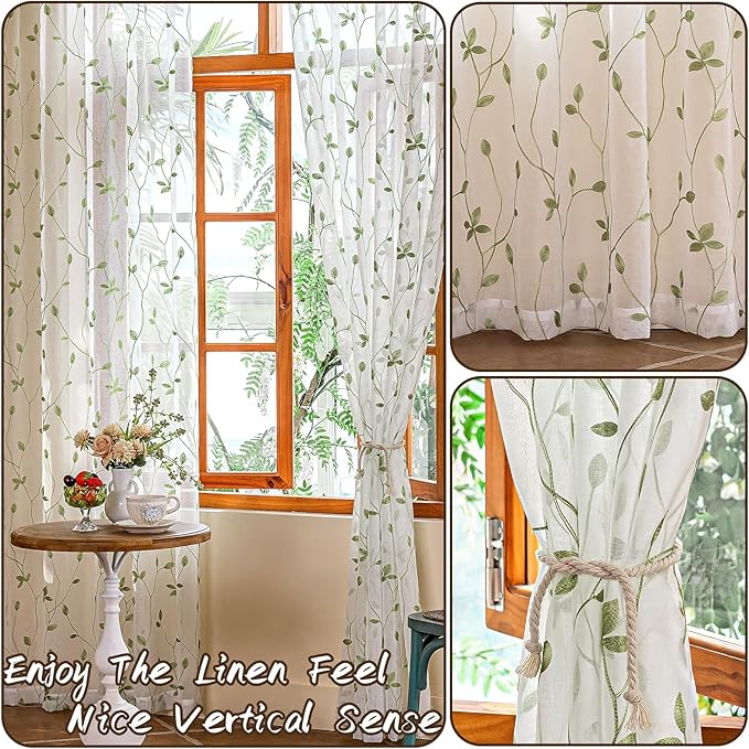 AmHoo 2 Panels Embroidered Leaf Pattern Semi Sheer Curtains Foliage Floral - Image 5
