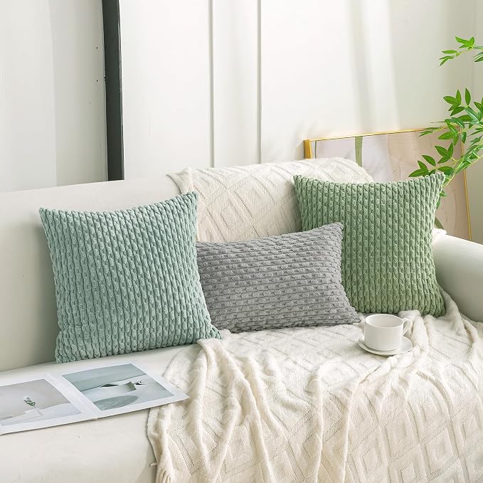 Set of 4 Sage Green Decorative Throw Pillow Covers 18x18 Inch Corduroy Pillow - Image 3
