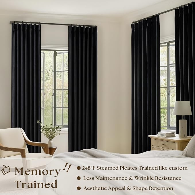 Black Pinch Pleated 100% Blackout Linen Bedroom Curtains 96 Inch Length | - Image 2