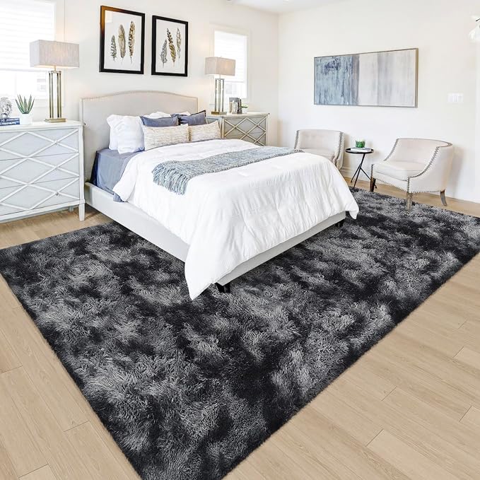 Black Grey Tie-Dyed Rug for Living Room 5x8 Fluffy Area Rug Mat Bedside Throw - Image 4