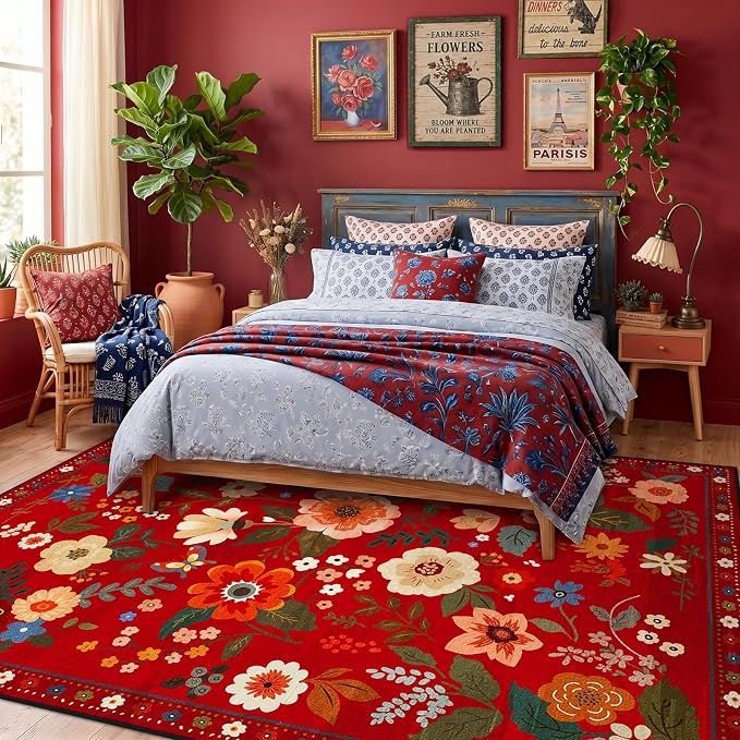 Floral Washable 6x9 Area Rugs Red/Orange | Flower Carpet Print Boho Cute Non - Image 8