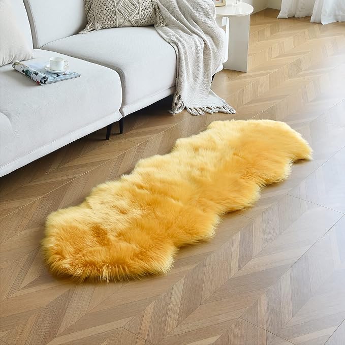 duduta Yellow Faux Sheepskin Runner Rugs 2x6 ft, Fluffy Shag Bedroom Rug Fur - Image 2
