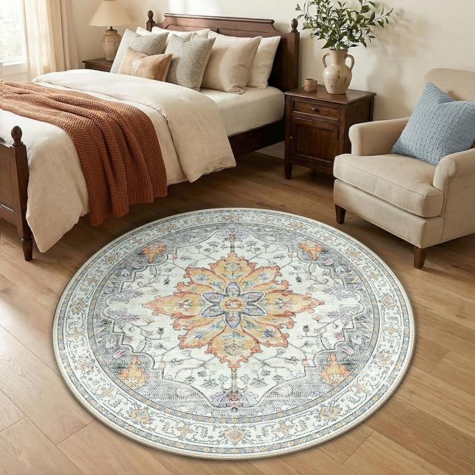 Area Rugs 4ft Washable Non-Slip, Floral Vintage Distress Print Pattern - Image 3