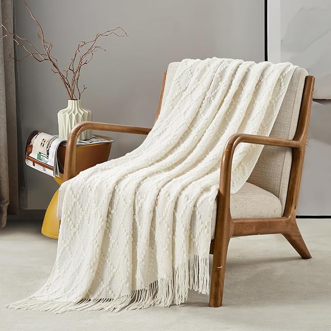 BOURINA White Throw Blanket 50 x70 Inches Jacquard Argyle Throw Textured Solid - Image 5