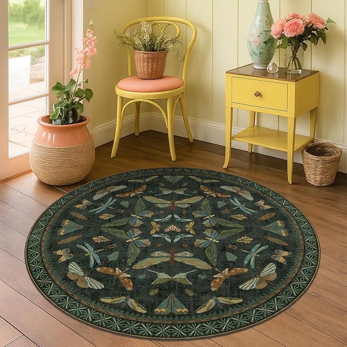 Vintage Dark Green 4ft Round Small Rug - Image 6