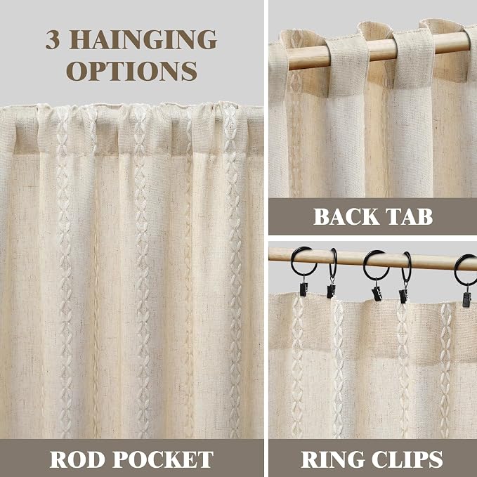 Boho Light Filtering Curtains 63 Inches Long Beige Linen Blend 2 Panels - Image 5