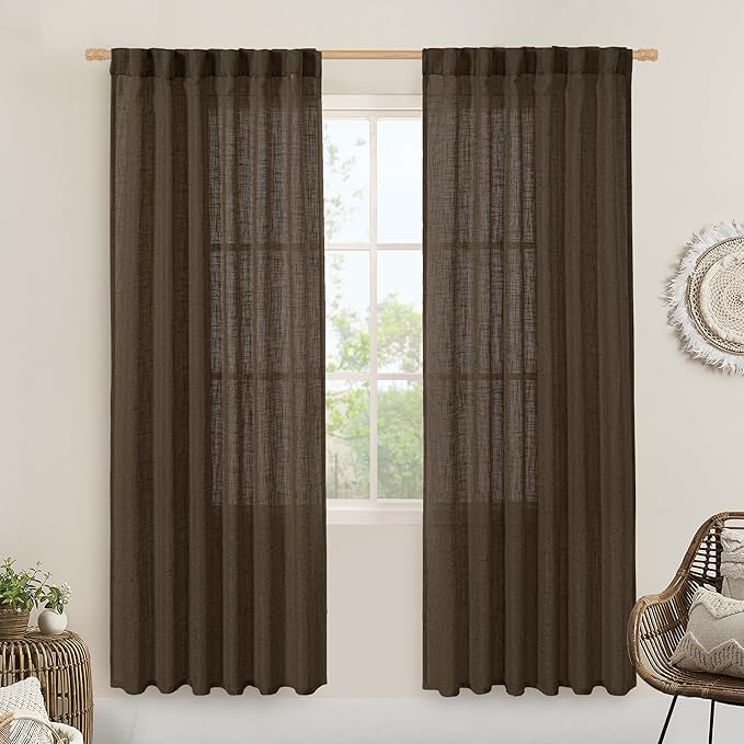 LAMIT Dark Brown Sheer Linen Curtains, 80 inch Light Filtering Semi Sheer by LAMIT