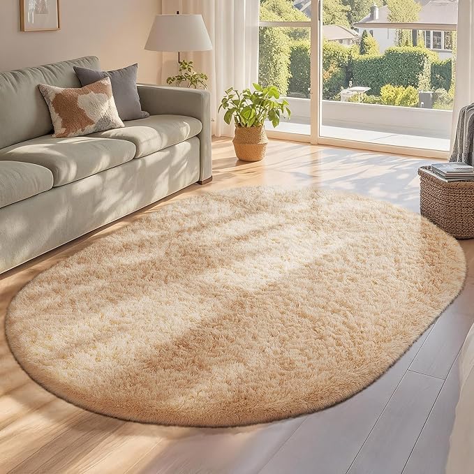 Ophanie 4x6 Oval Beige Rugs for Bedroom Living Room, Fluffy Fuzzy Furry Carpet by Ophanie