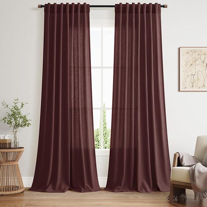 Nanspring Reddish Brown Linen Blend Light Filtering Back Tab Curtains 102 by Nanspring