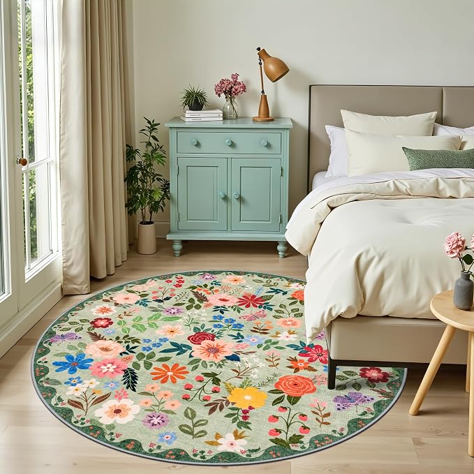 Round Area Rug for Living Room: 6 ft Floral Washable Circle Rug Soft Boho - Image 3